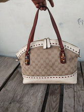 Load image into Gallery viewer, Gucci White Monogram Tote With Bamboo Accent 339002
