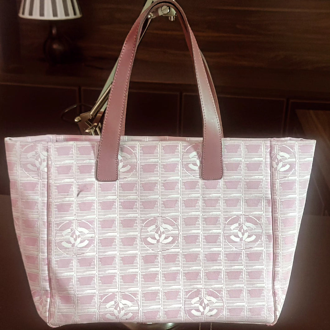 Chanel CC Logo Travel Line Large Nylon Tote Bag Light Pink with makeup pouch