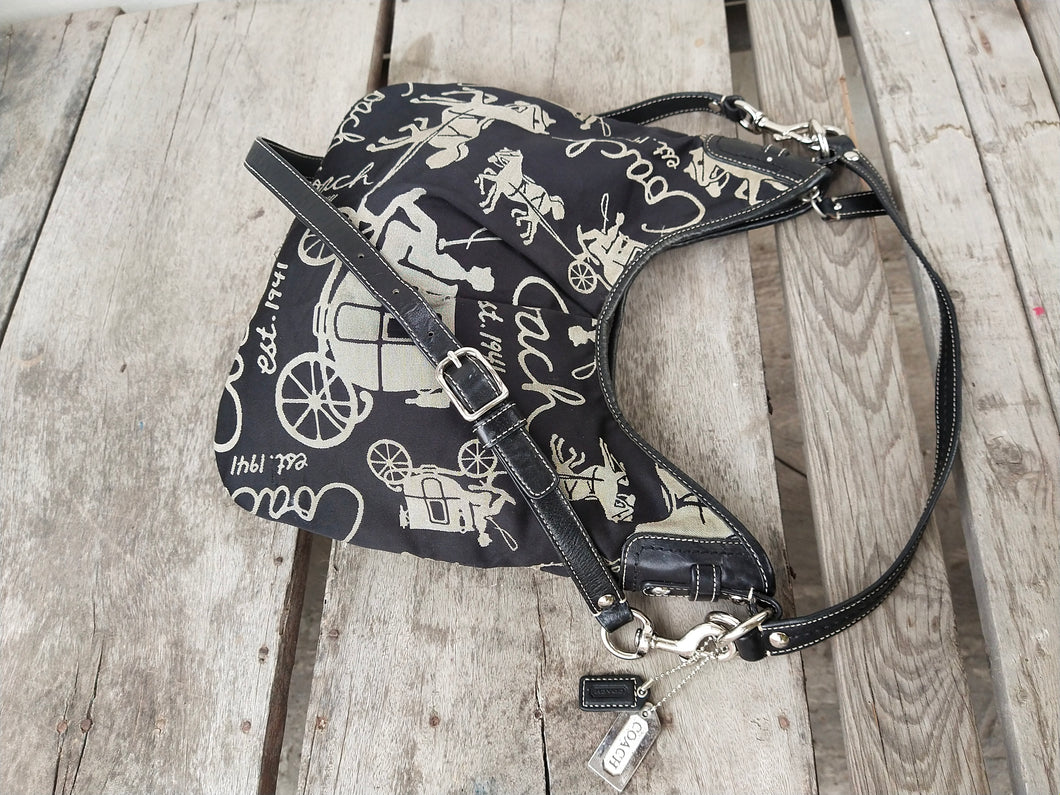 COACH F14480 SIGNATURE Horse Carriage Jacquard Hobo Handbag Shoulder Bag