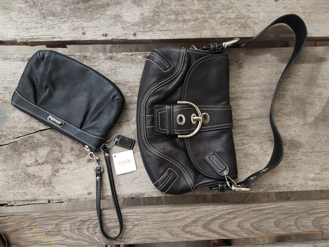 Set of COACH Soho E06d F10188 Stitched Buckle Flap Black Leather Shoulder Bag & NWT Blush Coach Pleated Leather Wristlet F46484