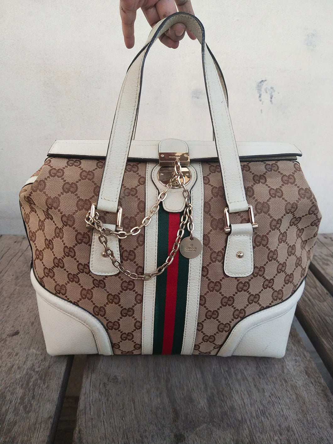 Boston Bag Treasure rare 146002 Ivory and Tan Leather Satchel
